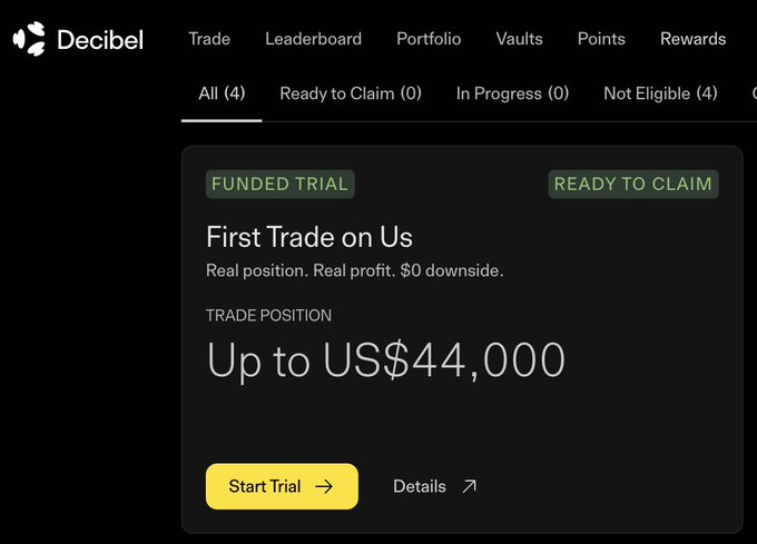 A screenshot of the Decibel trading platform featuring a 'Funded Trial' banner for 'First Trade on Us' with up to US$44,000 trade position ready to claim.