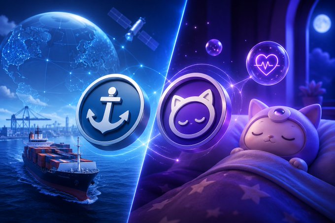 A split-screen illustration showing global maritime shipping on the left with a cargo ship and anchor logo, and a sleeping cat character with a cat-face logo on the right against a starry night background.