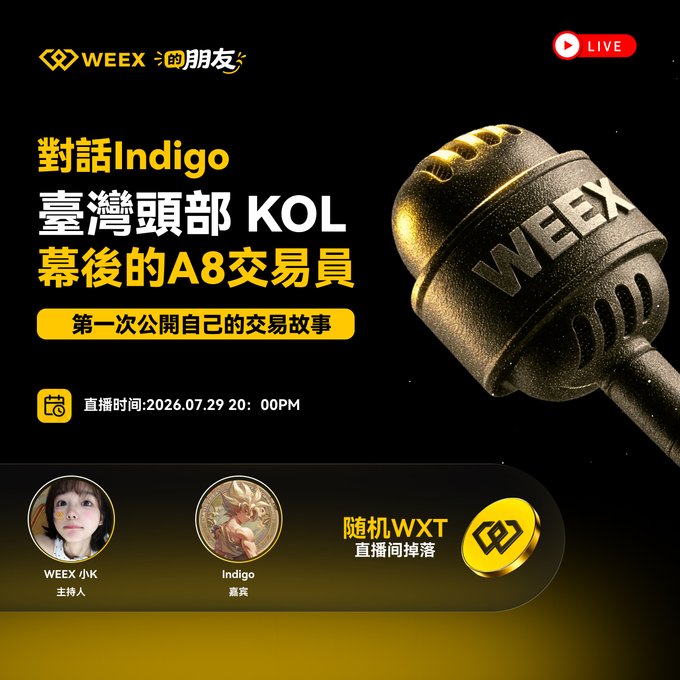 Promotional graphic for a WEEX livestream titled '對話Indigo 臺灣頭部 KOL 幕後的A8交易員' featuring a gold WEEX microphone, scheduled for 2026.07.29 20:00 PM with hosts WEEX 小K and guest Indigo, offering random WXT drops.