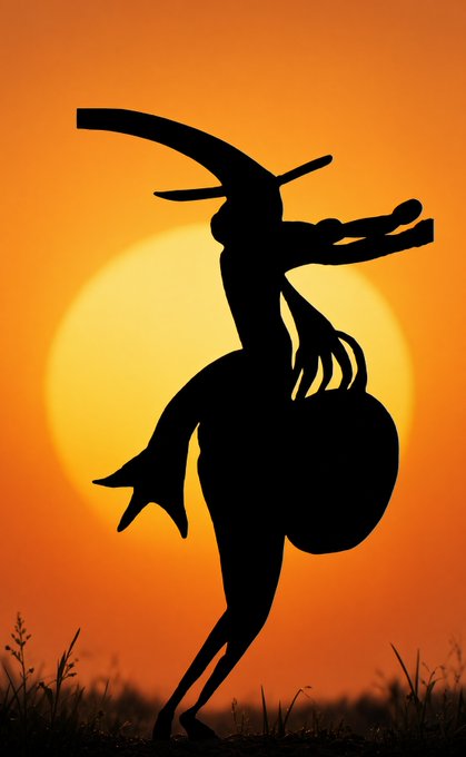 A silhouette of a figure holding a sword overhead while carrying a sack, set against a bright orange sunset with a large sun in the background.