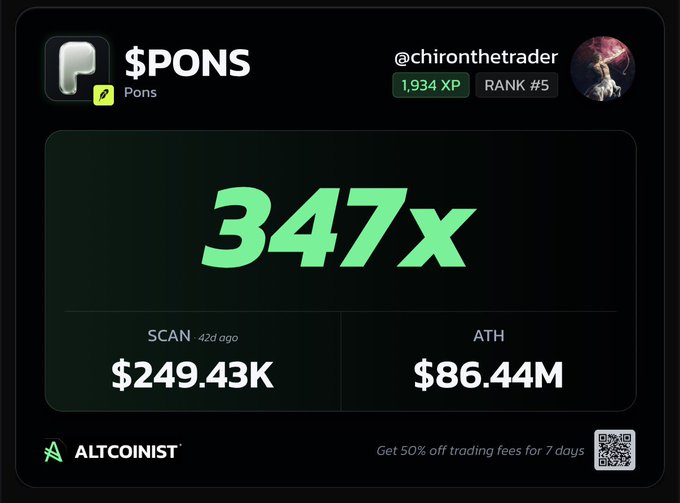 Another trading card for the token '$PONS' showing a 347x multiplier, scanned 42 days ago at $249.43K with an ATH of $86.44M, by user @chironthetrader (Rank #5).