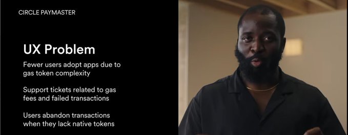 A presentation slide from 'CIRCLE PAYMASTER' titled 'UX Problem', listing issues like 'Fewer users adopt apps due to gas token complexity' alongside an image of a man speaking.