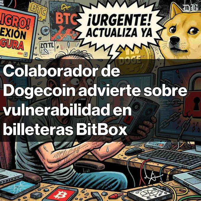 A Spanish-language graphic features a sweating man in front of computer monitors, with a Doge dog saying '¡URGENTE! ACTUALIZA YA' and text reading 'Colaborador de Dogecoin advierte sobre vulnerabilidad en billeteras BitBox'.