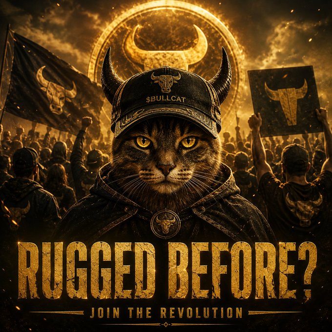 A promotional graphic featuring a cat wearing a horned helmet with a '$BULLCAT' emblem, set against a fiery background with crowds holding bull-themed banners and the text 'RUGGED BEFORE? JOIN THE REVOLUTION'.