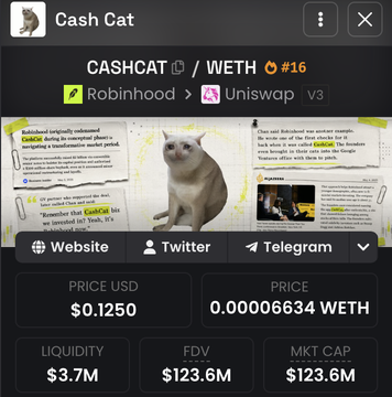 This image displays a cryptocurrency token information panel for "Cash Cat" (CASHCAT/WETH) ranked #16 on Uniswap v3 via Robinhood, showing a current price of $0.1250 USD (0.00006634 WETH), with $3.7M liquidity and a market cap of $123.6M. The interface features a meme-style image of a cat with a tablet and green text overlays promoting the project, alongside links to its Website, Twitter, and Telegram. The image relates to the accompanying post by showcasing the Cash Cat token's market metrics as part of a promotional airdrop campaign offering $CASHCAT and $CASHELON tokens to wallet participants.