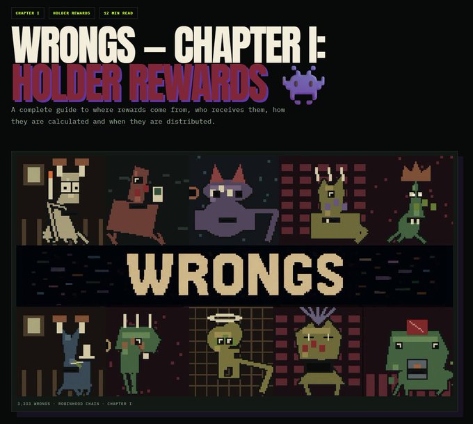 A digital graphic titled 'WRONGS – CHAPTER I: HOLDER REWARDS' displays pixel art characters in various colors (brown, purple, green) with the word 'WRONGS' prominently in the center, and text reading 'A complete guide to where rewards come from, who receives them, how they are calculated and when they are distributed.'