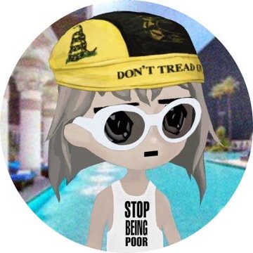 A cartoon avatar of a girl wearing a "DON'T TREAD" hat, oversized sunglasses, and a "STOP BEING POOR" tank top, standing in front of a pool. The image is being used as a reaction meme mocking a crypto promoter who allegedly "rugged" his followers again after amassing $30 million, highlighting the absurdity of someone that wealthy still scamming supporters for more money.