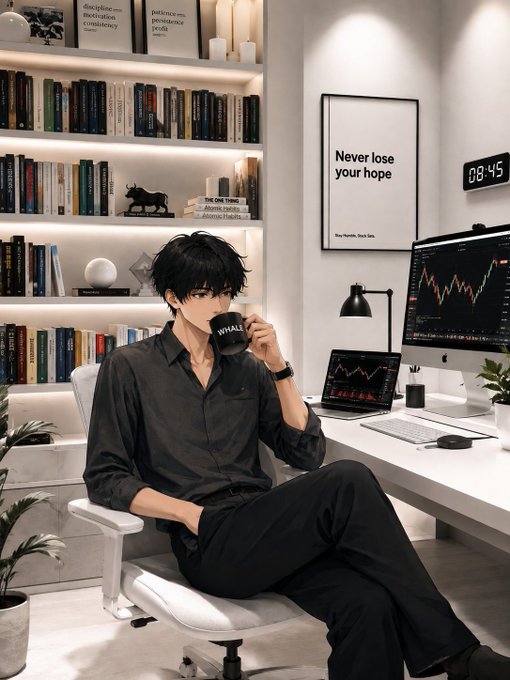 An anime-style illustration of a young man in dark clothing drinking from a mug while sitting in a modern home office with a desktop monitor and laptop showing market charts, alongside a 'Never lose your hope' poster.