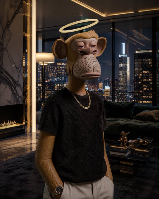 Monkey character with a glowing halo wearing a black shirt and gold chain necklace, standing in a luxurious modern penthouse overlooking a city skyline at night.