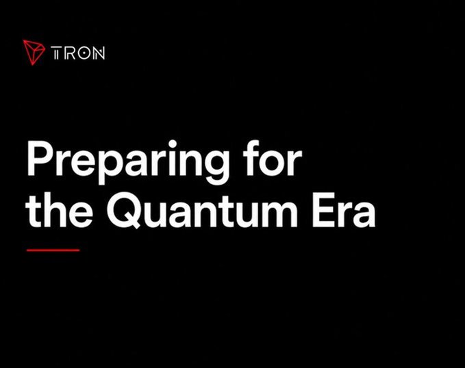 The image features the TRON logo in the top left corner with the headline "Preparing for the Quantum Era" in bold white text against a black background, accented by a red underline. It visually introduces TRON's forward-looking article about addressing quantum computing threats to blockchain security—an emerging concern beyond typical metrics like TPS or transaction fees.