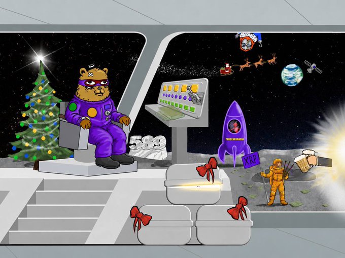 A digital illustration of a bear in a purple spacesuit sitting on the moon near a Christmas tree, a rocket labeled 'PERPETUALSUIS', and a gift with 'XXX' on it.