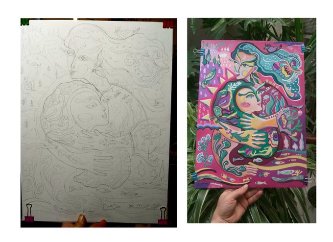 A side-by-side showing a pencil sketch on the left and its finished, vibrantly colored counterpart on the right, depicting two embracing female figures surrounded by fish, butterflies, and flowing hair.