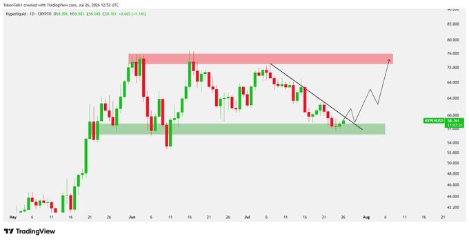 The image shows a daily candlestick chart of Hyperliquid (HYPE/USDT) on TradingView, priced at $58.761, with a massive support zone highlighted in green (around $58-60) and resistance in red (around $72-75), featuring drawn trendlines and an upward arrow suggesting a potential breakout toward the $75 resistance area — visually reinforcing the post's claim that HYPE is at a critical support level poised for a bullish move.