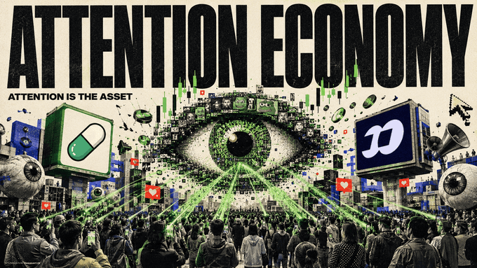 A bold graphic titled "ATTENTION ECONOMY" with the subtitle "ATTENTION IS THE ASSET" depicts a crowd of people gazing up at a giant digital eye surrounded by floating screens, cryptocurrency candlesticks, and social media icons (including YouTube and heart symbols), all rendered in a striking green and black color palette.

The image illustrates the post's thesis: in the memecoin space, there are "No fundamentals, No product, No reason" — yet attention itself becomes the underlying asset, as the crowd's collective gaze fuels speculative value in charts that often go nowhere.