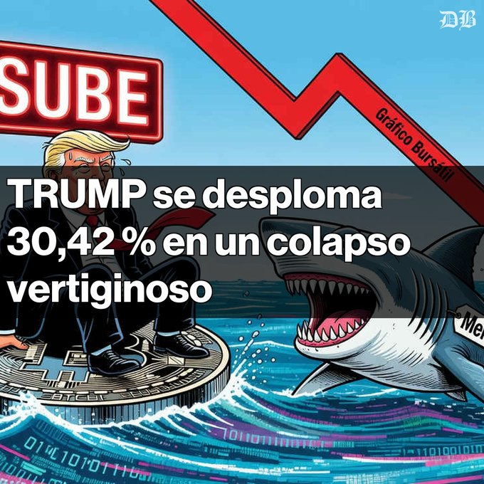 A graphic illustration shows Trump sitting on a Bitcoin coin with a downward red trend arrow, a shark, and the text 'TRUMP se desploma 30,42% en un colapso vertiginoso'.