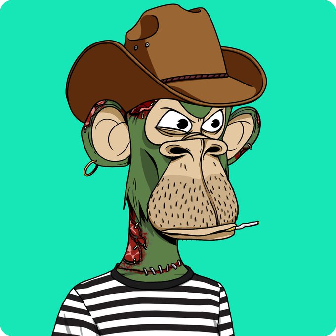 A cartoon illustration of a zombie-like ape character wearing a brown cowboy hat, a bandana, and a black-and-white striped shirt, smoking a cigarette against a teal background.