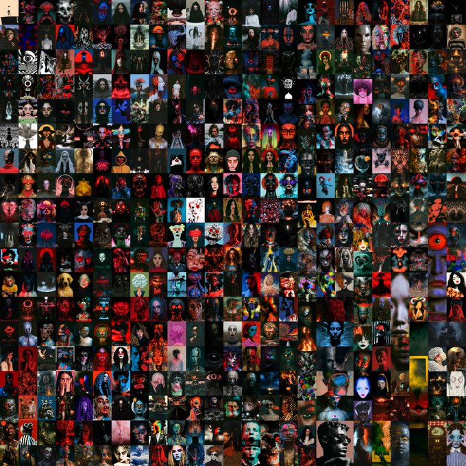 A dense mosaic or grid of hundreds of small, diverse digital art portraits and images, many featuring faces in dark, surreal, or horror-themed styles.