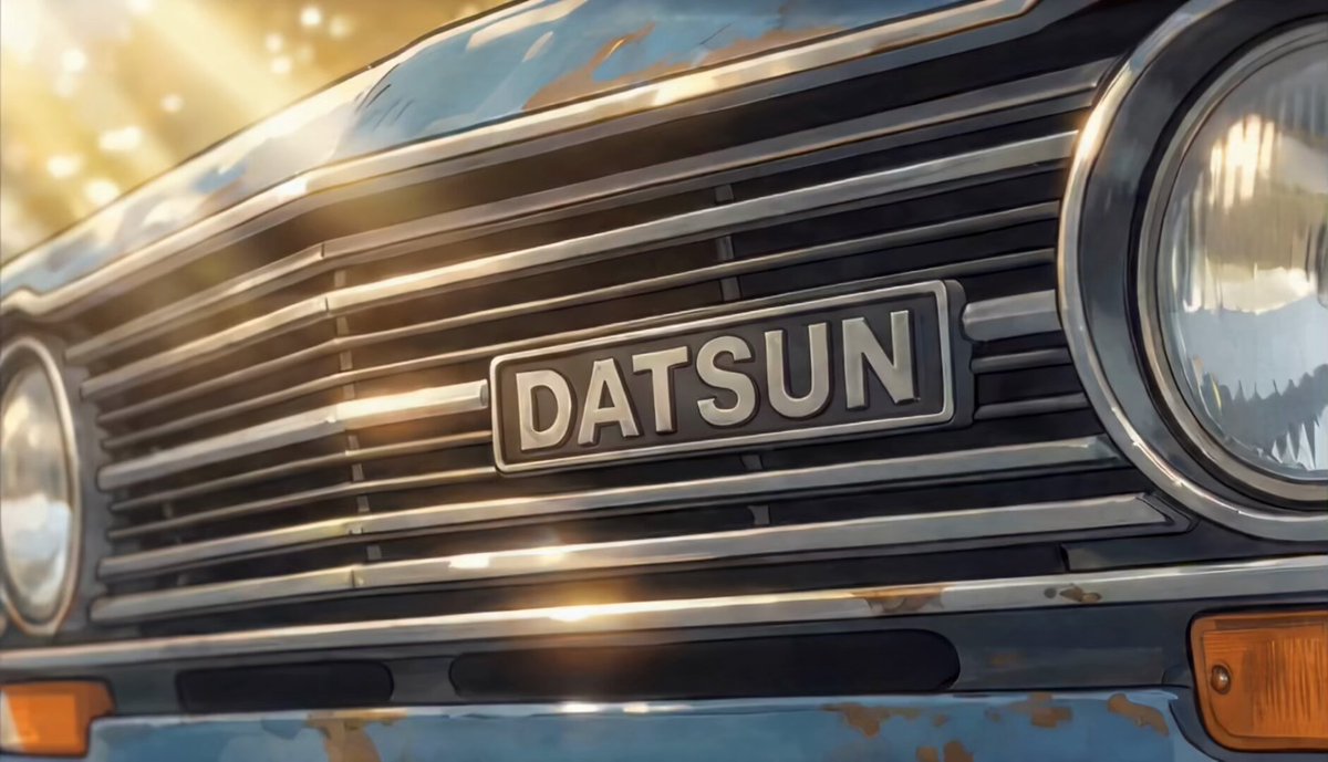 The image features a close-up view of an old blue car with a "Datsun" license plate, which appears to be rusted or faded. The sun's rays are shining down on the car, highlighting its details and making it stand out in the scene. The background is blurred, drawing attention to the car as the main subject of the image.