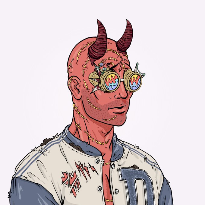 A digital illustration of a red-skinned demonic figure with black horns, glowing flame-patterned round sunglasses, and a stitched, torn varsity jacket.