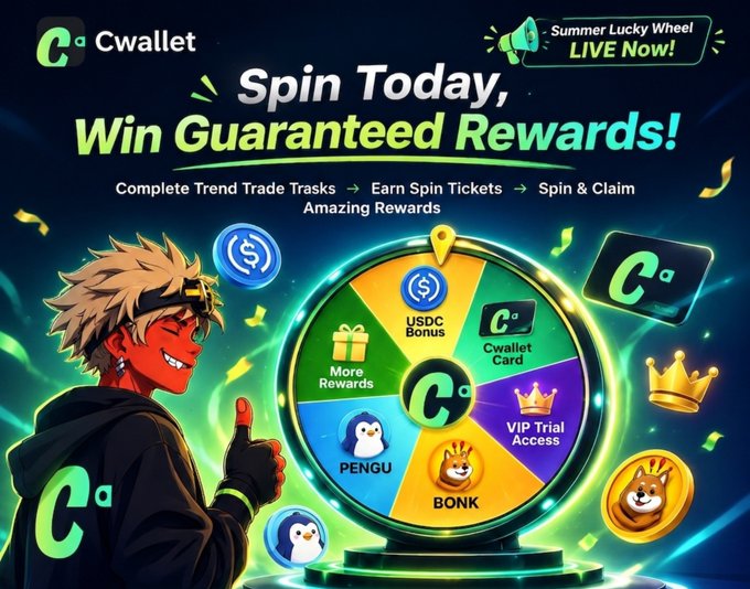 A promotional graphic for Cwallet's 'Summer Lucky Wheel' campaign featuring an anime-style character giving a thumbs up next to a colorful prize wheel with rewards like USDC Bonus, PENGU, and BONK.