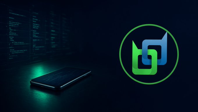 A smartphone displaying code in a dark setting next to a green and blue abstract logo, suggesting a tech or cybersecurity theme.
