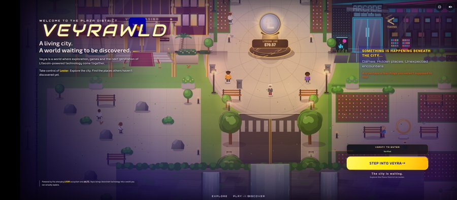 Screenshot of the 'VEYRAWLD' video game landing page, a 'living city' powered by exploration, featuring a central plaza with a '$76.57' portal and a 'STEP INTO VEYRA→' button.
