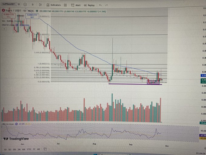 A computer screen displays a TradingView stock chart for SUPRA/USDt with candlestick patterns, Fibonacci levels, and volume indicators.