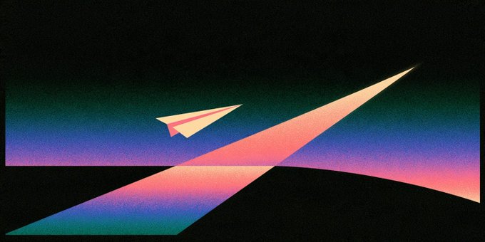 Abstract artwork of a small paper airplane and a large glowing beam crossing above a dark, multicolored horizon. It visually represents momentum and convergence, fitting the news that Aerodrome and Velodrome have merged into Aero across seven chains.