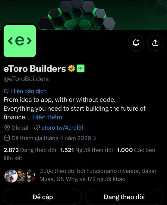 An X/Twitter profile page for 'eToro Builders' (@eToroBuilders) with the bio 'From idea to app, with or without code', showing 2,873 followers and 1,521 following.