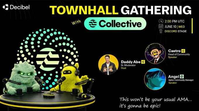 The image features a poster for a town hall gathering event, where people are going to discuss various topics related to Decibel. The poster includes two cartoon characters, which resemble decibels or sound waves, as well as an illustration of two cartoon characters wearing ties, suggesting that there might be a formal aspect to the gathering. In the image description provided, one text reads "This won't live up to your usual @AptosAMA!", indicating that it is likely not going to meet expectations and might be a disappointment.