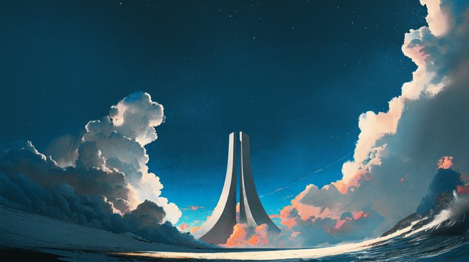 A towering, futuristic monument rises from a misty horizon beneath a starry sky flanked by dramatic clouds, symbolizing a bold new chapter and ambitious vision. The image visually echoes the post's theme of a fresh start—building something monumental, as the speaker transitions from Gauntlet to join Erebor Bank as its first data scientist.
