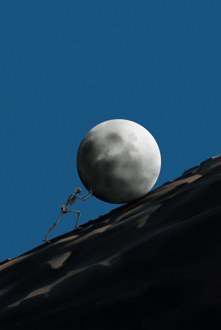 A surreal digital artwork depicting a skeleton pushing a giant moon up a steep, shadowy hill under a deep blue sky.