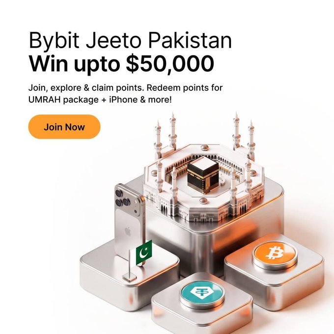 A promotional graphic for "Bybit Jeeto Pakistan" advertising a chance to "Win upto $50,000" by joining and redeeming points for an UMRAH package, iPhone, and more, featuring a "Join Now" button alongside a 3D illustration of the Kaaba, an iPhone with a Pakistani flag, and Bitcoin and Tether tokens.