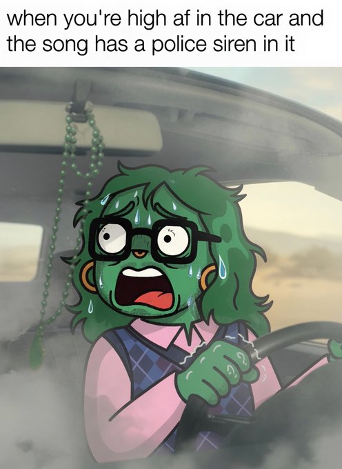 A cartoon image with the caption "when you're high af in the car and the song has a police siren in it" shows a green-haired, glasses-wearing character gripping a steering wheel in sheer panic, sweating and wide-eyed. The meme humorously captures a relatable moment of intense fear and paranoia, though it has no direct connection to the accompanying crypto/NFT update about THEGODPULL and DROUPZ projects.