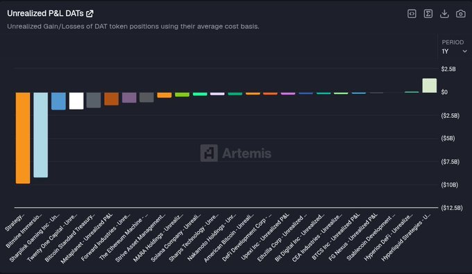 A bar chart titled "Unrealized P&L DATs" displays the year-to-date gains and losses of various Decentralized Asset Treasury (DAT) token positions, with most entities like Strategy (-$10B+), Bitmine Immersion, and Twenty One Capital showing significant losses, while only Hyperion and Hyperliquid Strategies display positive returns of approximately $2.5B, aligning with the post's claim that they are the sole DATs with positive Unrealized PnL.
