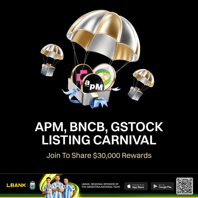 A promotional graphic for LBank's "APM, BNCB, GSTOCK LISTING CARNIVAL" features gold and silver parachute gift boxes descending against a black background, with the central box displaying circular tokens for APM, BNCB, and GSTOCK, inviting users to "Join To Share $30,000 Rewards" by trading the listed tokens on the exchange.