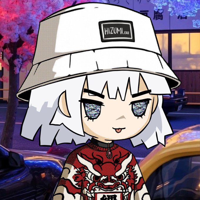 An anime-style illustration of a white-haired girl wearing a bucket hat labeled 'HIZUMI.exe' and a red traditional Chinese dragon-patterned top, set against a city street background.