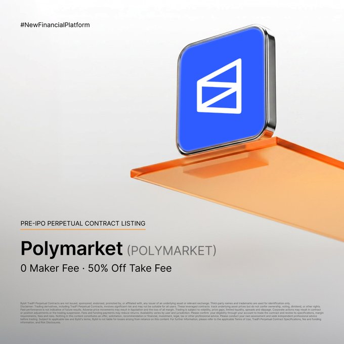 A promotional graphic for Polymarket (POLYMARKET) pre-IPO perpetual contract listing on a trading platform, showing a blue logo with '0 Maker Fee · 50% Off Take Fee' and the hashtag '#NewFinancialPlatform'.