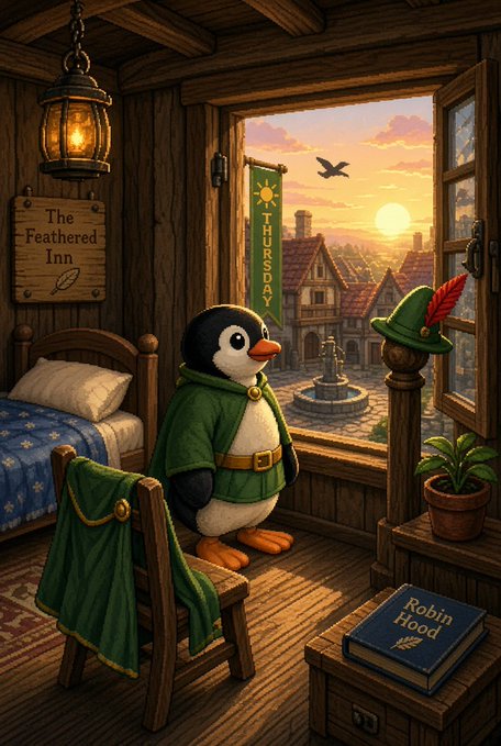An illustration of a penguin character in a green cloak standing in a wooden room called 'The Feathered Inn', with a view of a village through the window and a 'Robin Hood' book on a chest.