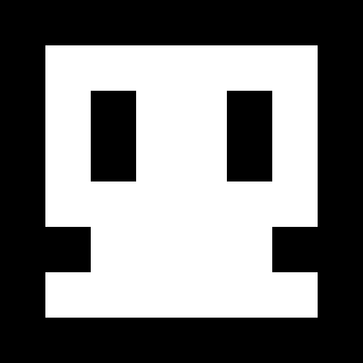Pixel art of a white skull-like or robot face with two rectangular black eyes on a black background.