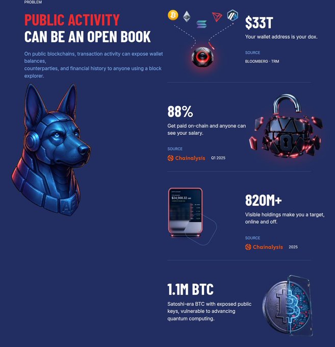 Infographic titled 'PUBLIC ACTIVITY CAN BE AN OPEN BOOK' detailing blockchain privacy risks, citing stats including $33T (Bloombella), 88% (Chainalysis Q1 2025), 820M+ (Chainalysis 2025), and 1.1M BTC vulnerable to quantum computing.