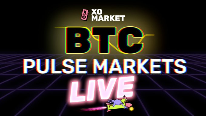 The image features a poster for Bitcoin Pulse Markets, which are live markets where Bitcoin transactions take place at a 0.4-cent spread. The poster also includes an illustration of a person riding a skateboard with the words "Live" written on it in pink neon letters. The background of the poster is black and white, creating a futuristic atmosphere that matches the theme of the Bitcoin Pulse Markets.