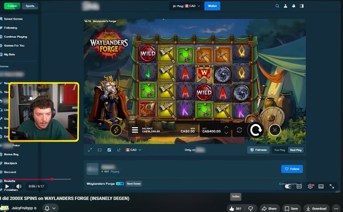A YouTube stream recording titled 'I did 2000X SPINS on WAYLANDERS FORGE (INSANELY DEGEN)' by JuicyFilthyyy showing a Waylanders Forge slot game with a streamer in the picture-in-picture window.