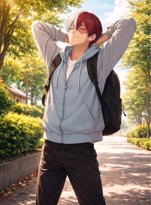 An anime-style illustration of a relaxed young man with red and silver hair wearing a light blue hoodie and backpack, standing on a sunlit tree-lined path.