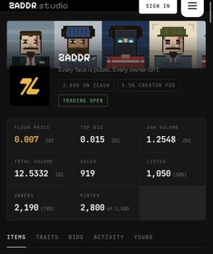 A screenshot of the '2ADDR studio' NFT marketplace showing pixel art avatars and various trading statistics like floor price and 24h volume.