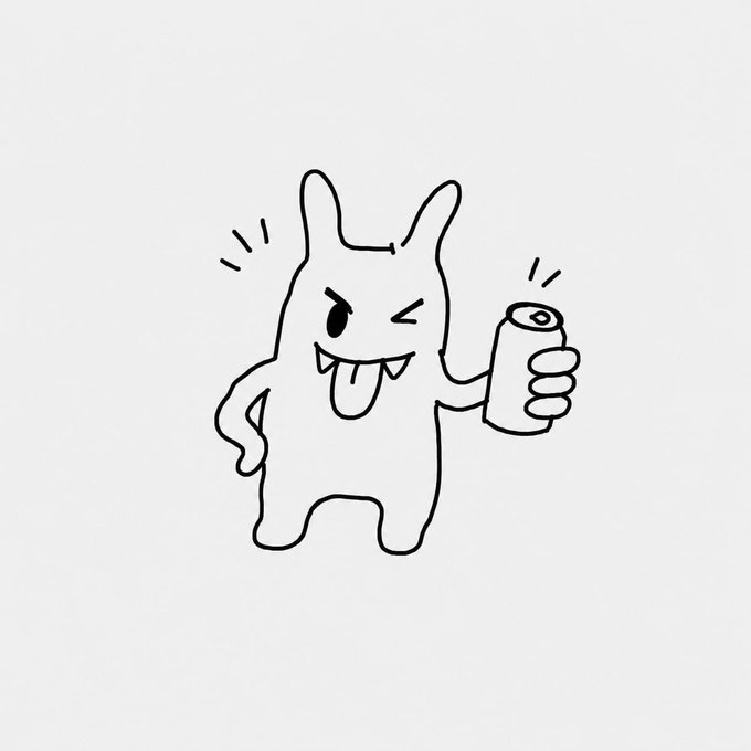 The image features a black and white line drawing of an anthropomorphic character, likely a cartoon or a doodle, holding a can of soda with its tongue sticking out. The character appears to be making a funny face while holding the soda can in its hand. The image is accompanied by a caption that reads "IS STARTED!! CA: 5GF4wYym8VztQ4GHXnMu5YK9zerqLqgWWWvR8NZLpump #PUMP #SOLANA #DEXSCREENER #CRYPTO". The caption is placed in the bottom right corner of the image, and it seems to be related to the post.