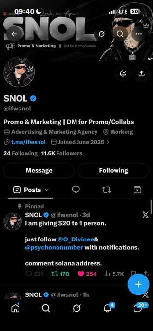 A screenshot of an X (formerly Twitter) profile for user @ifwsnol shows an account labeled "SNOL" that is offering $20 in Solana to one person who follows specific accounts with notifications turned on.