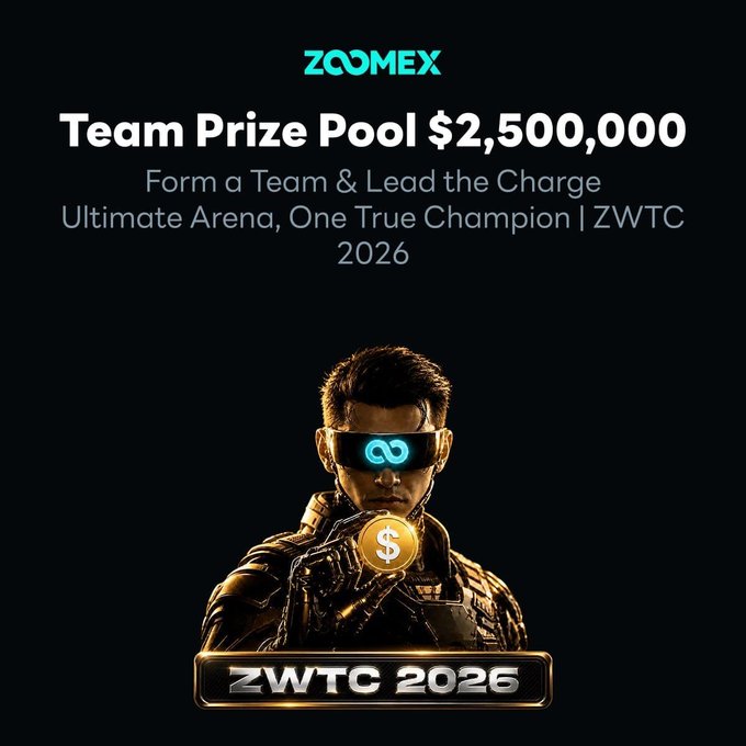 ZCOMEX promotional graphic announcing a 'Team Prize Pool $2,500,000' for the 'Ultimate Arena, One True Champion | ZWTC 2026', featuring a figure in futuristic goggles holding a dollar coin with a 'ZWTC 2026' badge.