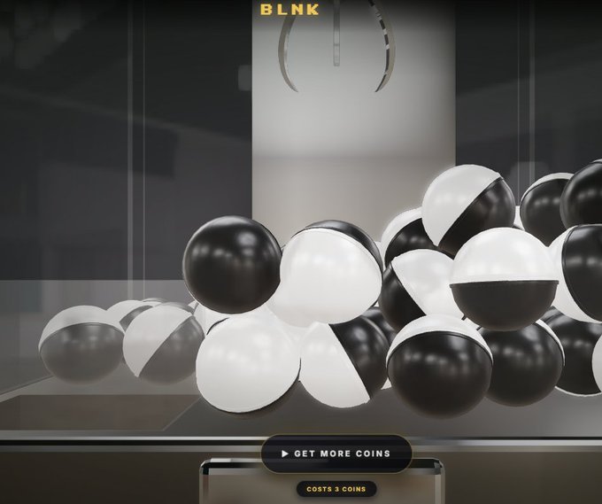 A video game or app interface showing a cluster of black and white spherical balls stacked in a corner, with a 'GET MORE COINS' button and 'COSTS 3 COINS' text at the bottom, branded with 'BLNK' at the top.