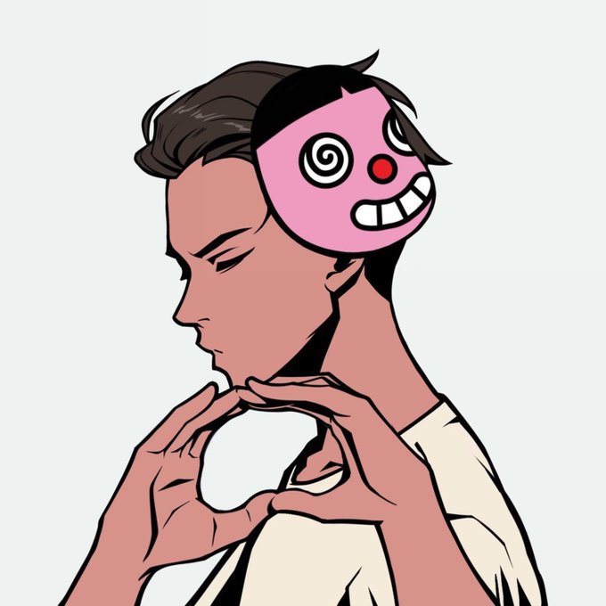 A person with their eyes closed forms a heart shape with their hands, wearing a pink mask with a hypnotic spiral eye, red nose, and a wide grinning mouth, playfully symbolizing the user's ambitious promise to host a major Twitter Space.